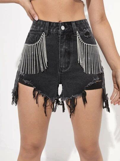 Rhinestone Fringe Trim Raw Hem Denim Shorts Fringe Clothing