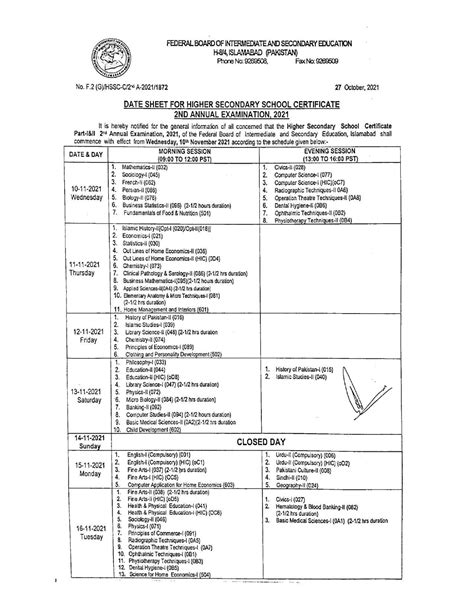 FBISE HSSC Part 1 And 2 2nd Annual Examination Date Sheet 2021