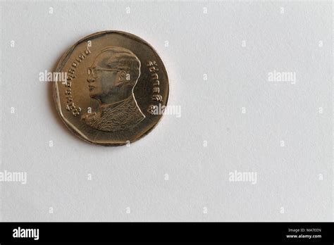 One Thai Coin Lie On Isolated White Background Denomination Is Five