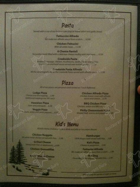 Menu At The Creekside Lodge Restaurant Crawfordsville