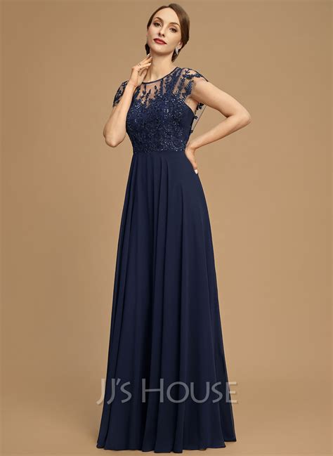 A Line Scoop Illusion Floor Length Chiffon Lace Mother Of The Bride