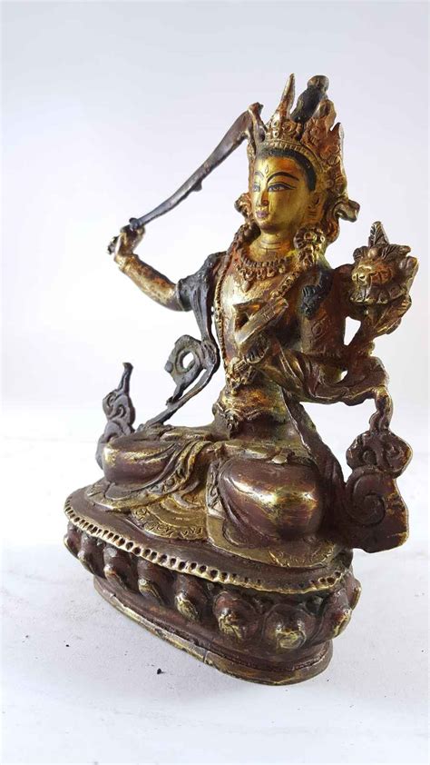 Handmade Statue Of Manjushri Partly Gold Plated Painted Face