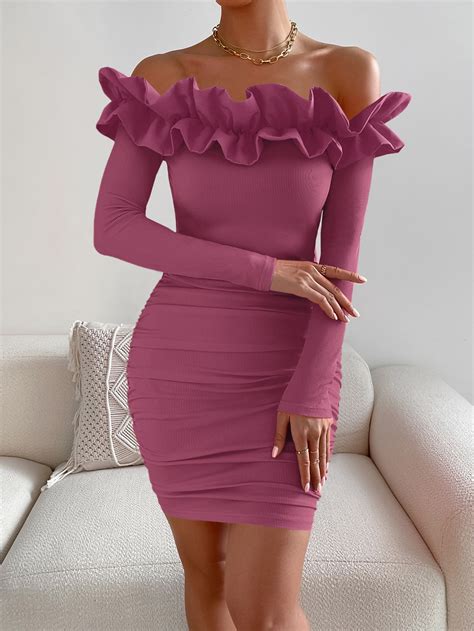 SHEIN Privé Off Shoulder Exaggerated Ruffle Bodycon Dress SHEIN UK