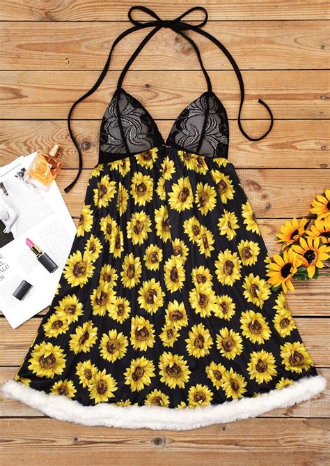 Sunflower Lace Splicing Plush Halter Tie Lingerie Black Bellelily