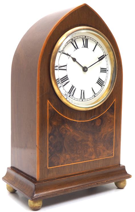 Impressive Mahogany Edwardian Lancet Clock Burr Walnut Inlay Timepiece