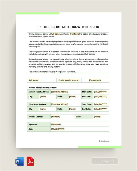 Credit Report Authorization Form Word Pdf Highfile