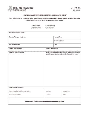 Fillable Online Fire Insurance Application Form Corporate Client Fax