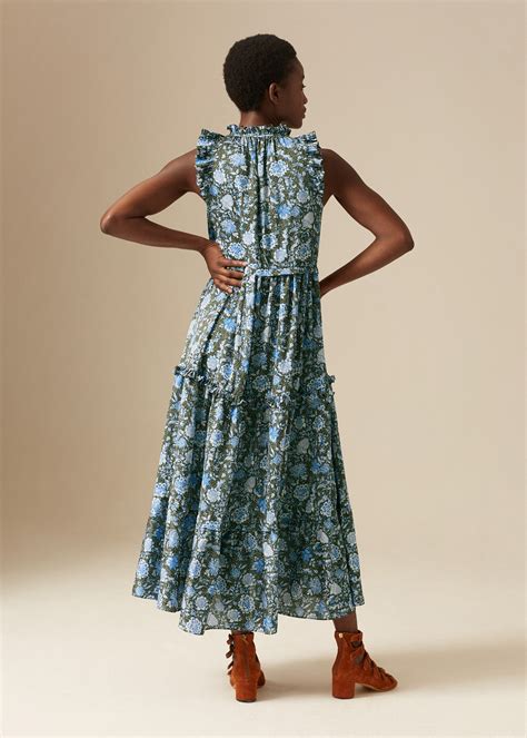 Bright Paisley Halterneck Maxi Dress Khaki Palace Blue Chalk