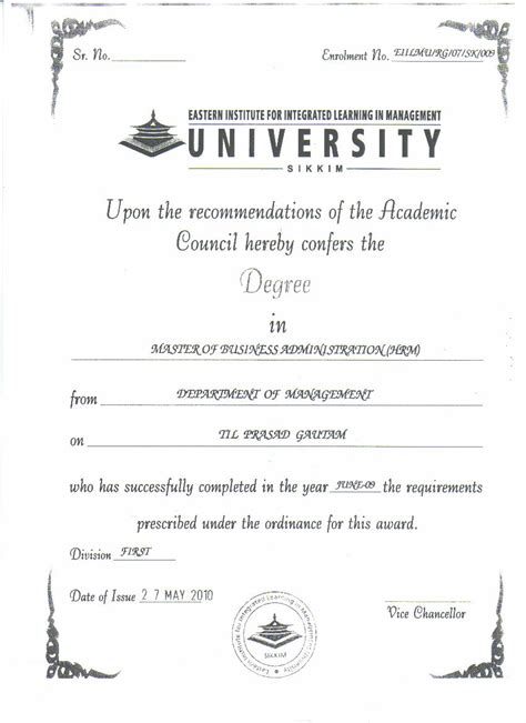 University Degree Eiilm University Degree Certificate Sample