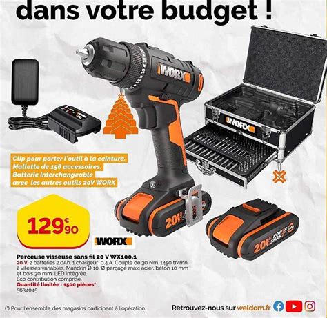 Promo Perceuse Visseuse Sans Fil V Worx Chez Weldom