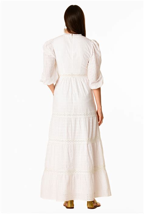 Shop Lace Trim Eyelet Cotton Tiered Maxi Dress Eshakti