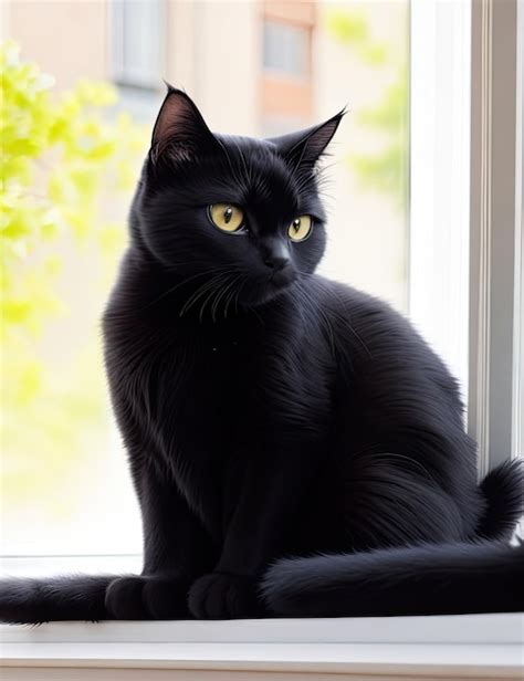 Un Gato Negro Sentado Cerca De La Ventana Foto Premium