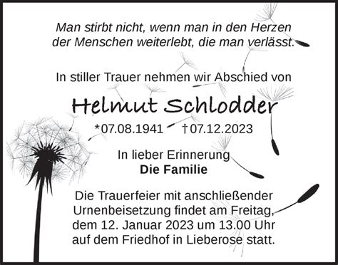 Traueranzeigen von Helmut Schlodder Märkische Onlinezeitung Trauerportal