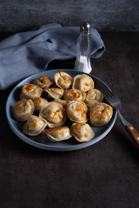 Fried Homemade Dumplings Of Minced Meat And Dough On The Table In A Blue Plate Stock Image