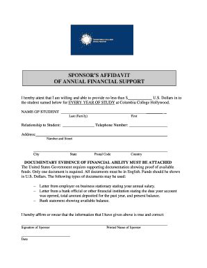 Fillable Online Columbiacollege Sponsor S Affidavit Of Annual Financial