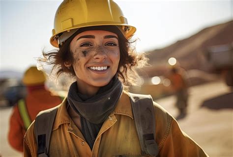 Mujer Con Casco Sonriendo En El Campo De La Construcci N Al Estilo De