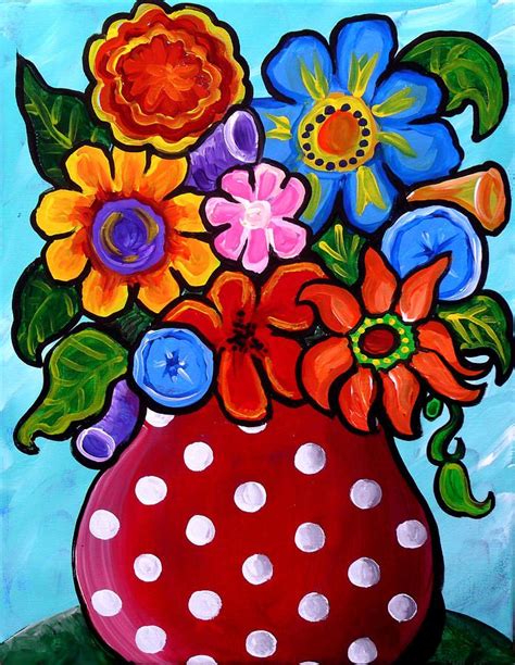 Whimsical Flowers In Polka Dots Painting by Renie Britenbucher Folk Art Flowers, Abstract ...