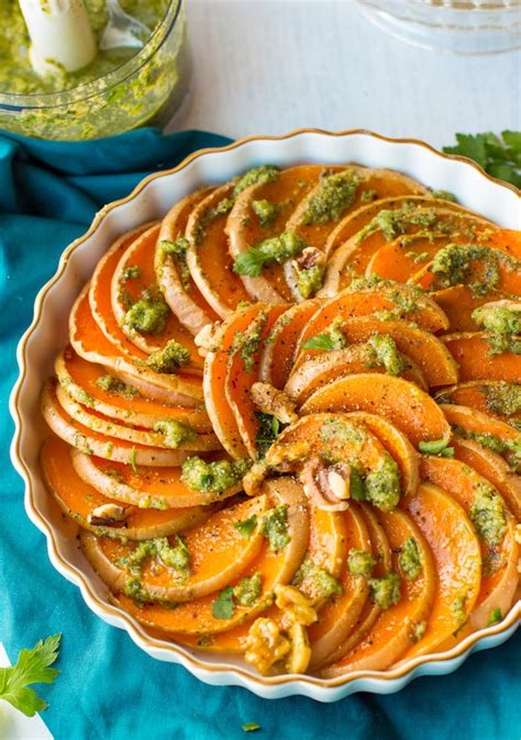 Roasted Butternut Squash Slices With Walnuts And Parsley Pesto A Saucy