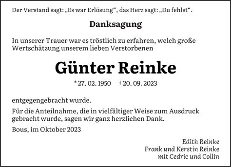 Traueranzeigen von Günter Reinke Saarbruecker Zeitung Trauer de