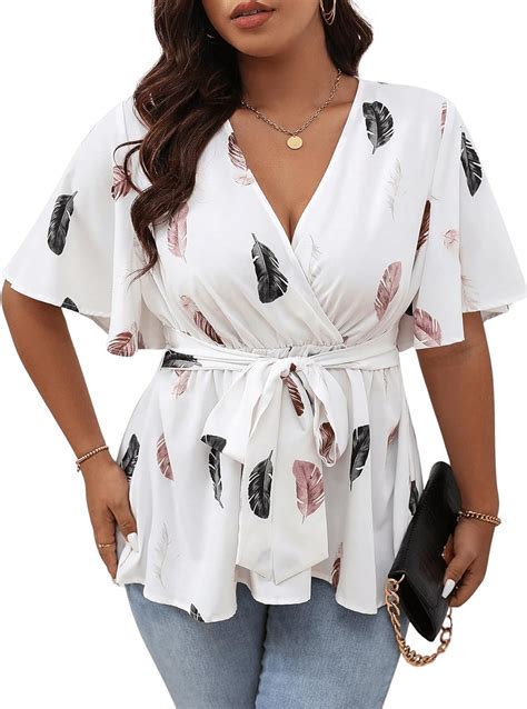 Floerns Women S Plus Size Graphic Pattern Wrap V Neck Half Sleeve