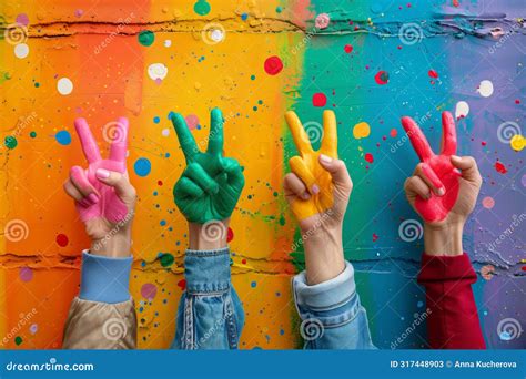 Four Hands Making Victory Signs With Fingers Painted In Multiple Colors