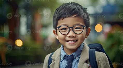 Happy Satisfied Asian Boy Wearing Glasses Portrait Outside Generative