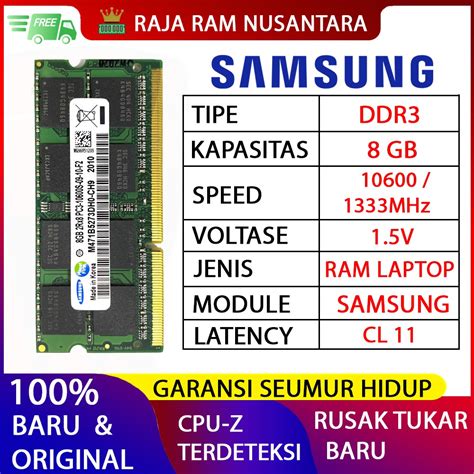 Jual RAM LAPTOP SAMSUNG DDR3 8GB 10600 1333MHz ORI RAM SODIMM 1 5v