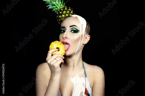 Girl With Pineapple Sexy Image Sweet Yogurt For Sexual Body Stock