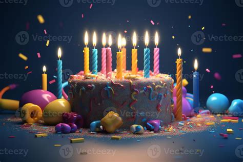 3d Rendered Banner Featuring A Colorful Birthday Cake With Candles