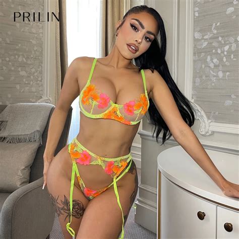 PRILIN Neon Women Sexy Sensual Lingerie Set Floral Embroidery Push Up