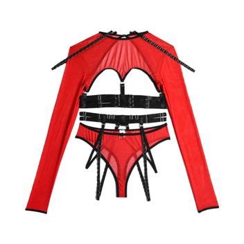 Conjunto De Lingerie Sexy Feminina Manga Longa E Liga Tanga E G String Conjunto De