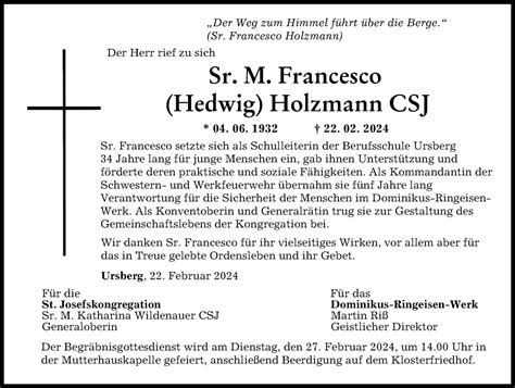 Traueranzeigen Von Francesco Holzmann Augsburger Allgemeine Zeitung