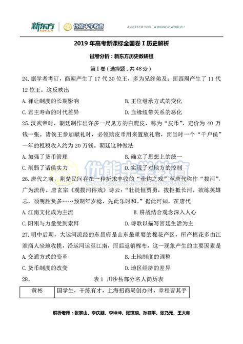 2019湖南省高考全国一卷文综历史试卷