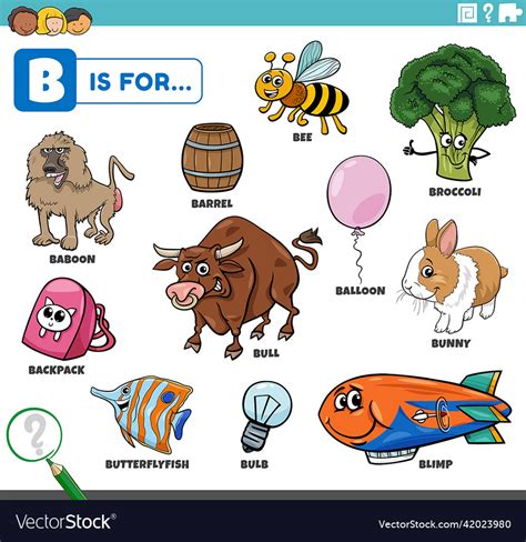 Letter B Words Educational Set With Cartoon Vector Image