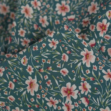 Tissu Popeline Viscose Stretch Fleurs Floria Bleu Vert