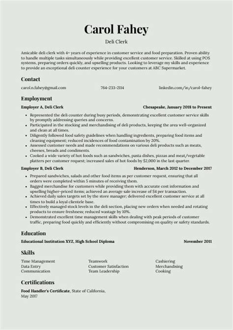 Deli Clerk Resume (CV) Example and Writing Guide