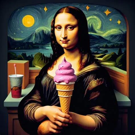 Mona Lisa Holding Lava In An Ice Cream Cone At Night