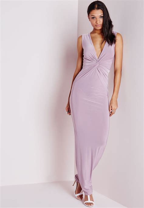 Missguided Slinky Knot Front Plunge Maxi Dress Mauve Maxi Dress