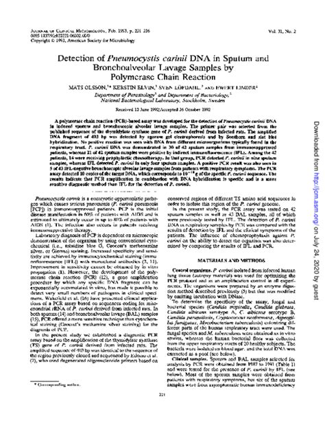 Pdf Detection Of Pneumocystis Carinii Dna In Sputum And Bronchoalveolar Lavage Samples By