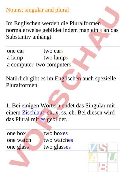 Arbeitsblatt Grammar Plurals NSE1 Unit 4 Englisch Grammatik