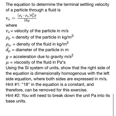 Solved The Equation To Determine The Terminal Settling Chegg