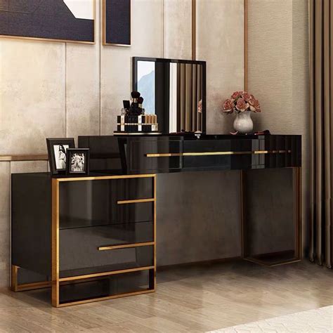 Cylina Black Makeup Vanity With Flip Top Mirror And Side Cabinet And Drawers Golden Legs Homary