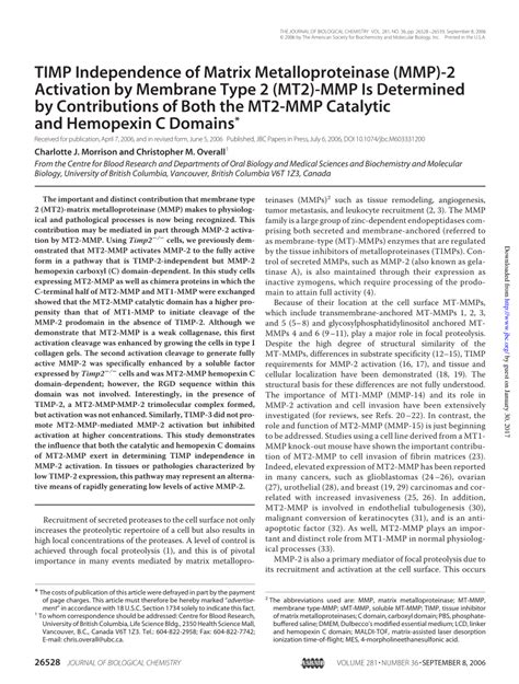 Pdf Timp Independence Of Matrix Metalloproteinase Mmp Activation