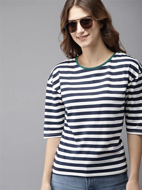 Buy Herenow Women Navy Blue White Striped Round Neck Pure Cotton T