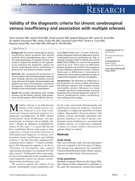 Pdf Validity Of The Diagnostic Criteria For Chronic Cerebrospinal Venous Insufficiency And