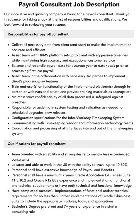 Payroll Consultant Job Description Velvet Jobs