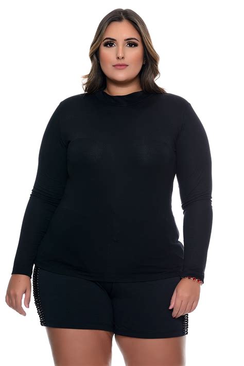 Blusa Plus Size Manga Longa Gola Alta Vk Moda Plus Size