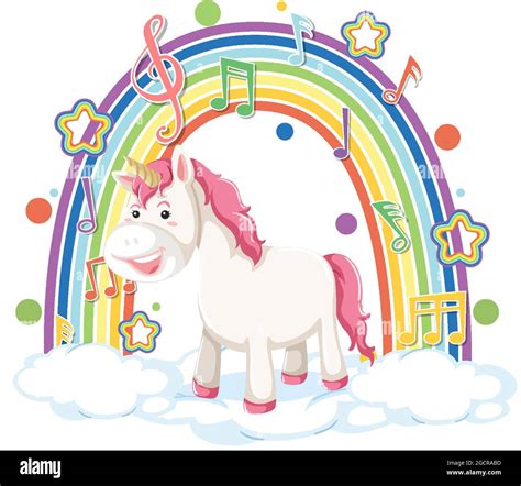 Unicorn Standing On Cloud With Rainbow And Melody Symbol Illustration