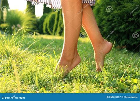 Woman Walking Barefoot On Green Grass Closeup Stock Image Image Of Health Green 260736657