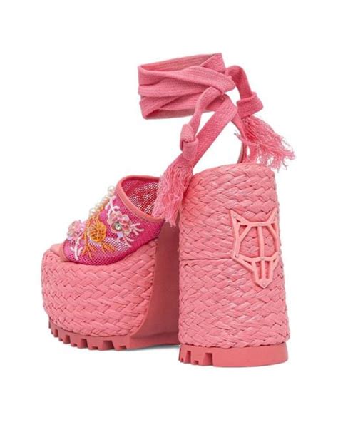 Naked Wolfe Mm Bluebell Raffia Platform Embellished Sandals In Pink Lyst